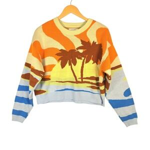 PacSun Womens Tropical Sunset Palm Tree Cropped Knit Sweater Blue Orange Small